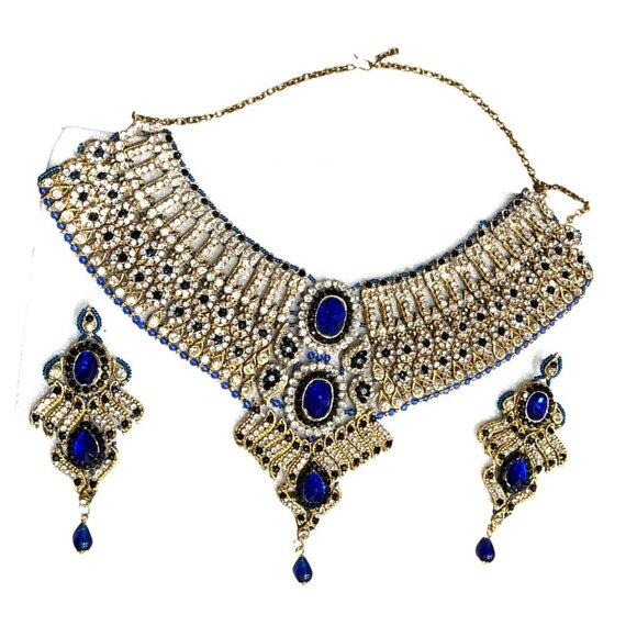Gold & Blue Crystal Bib Necklace With Matching Chandelier Earrings Bridal - Picture 2 of 16
